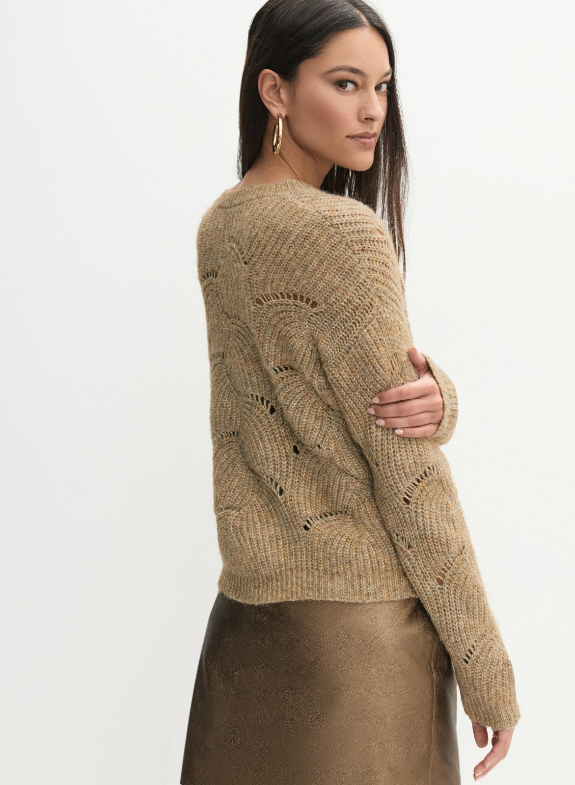 Women Open Knit Pullover Sweater Dark Oatmeal | Melanie Lyne