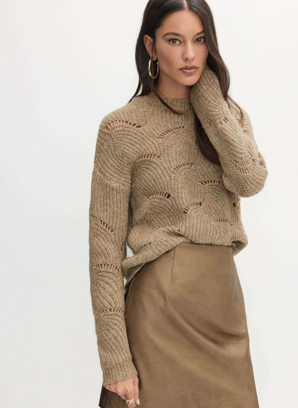 Women Open Knit Pullover Sweater Dark Oatmeal | Melanie Lyne