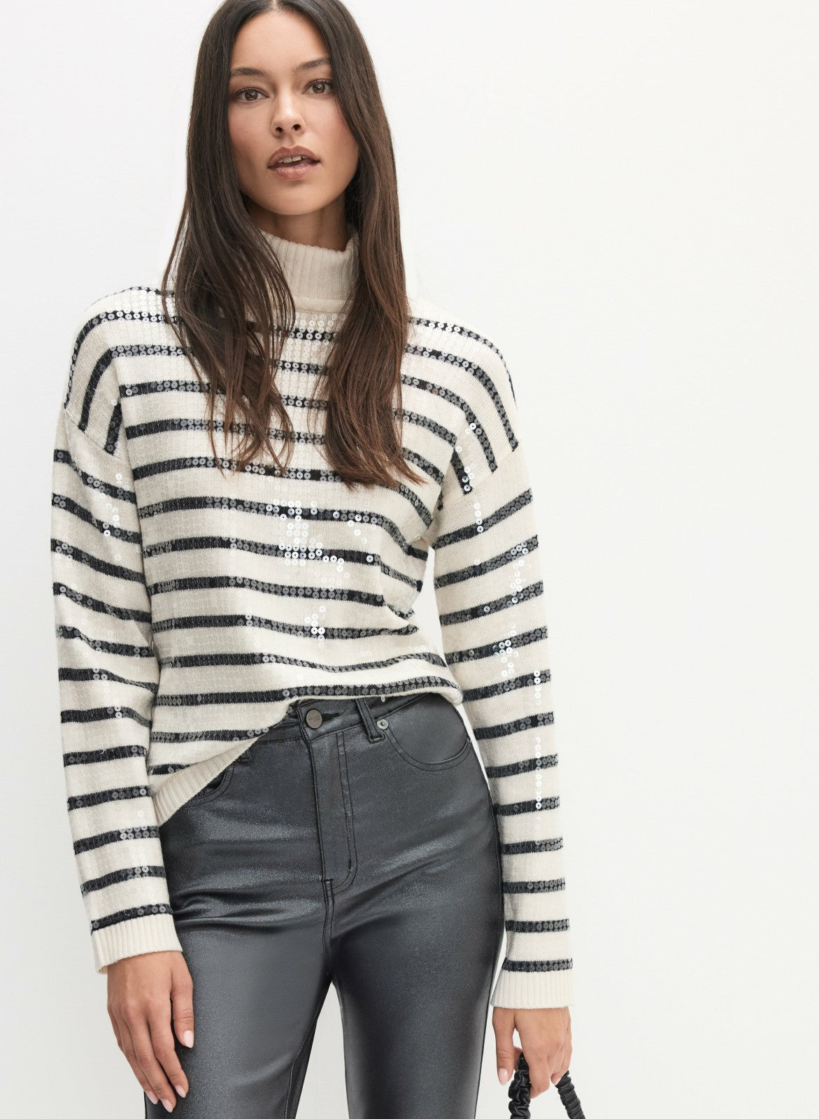 Women Striped Sequin Front Sweater Black & White | Melanie Lyne