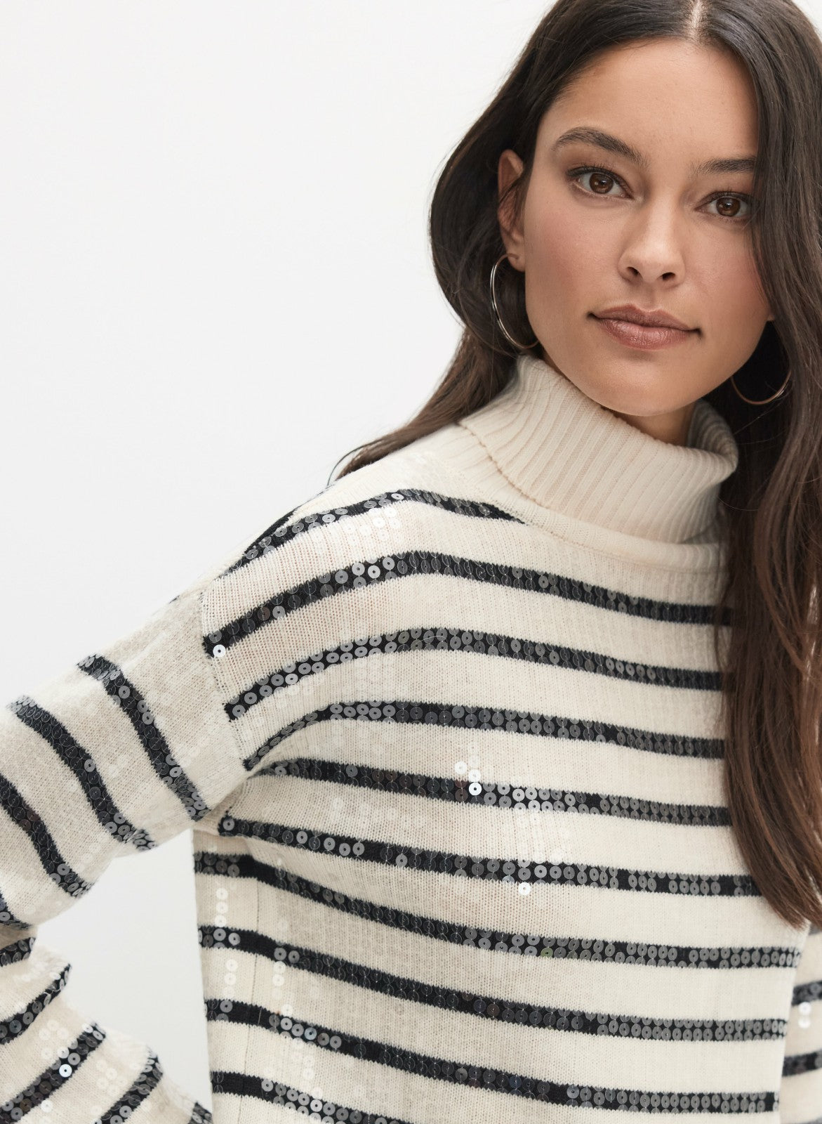 Women Striped Sequin Front Sweater Black & White | Melanie Lyne