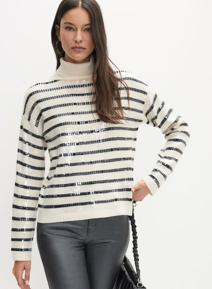 Women Striped Sequin Front Sweater Black & White | Melanie Lyne