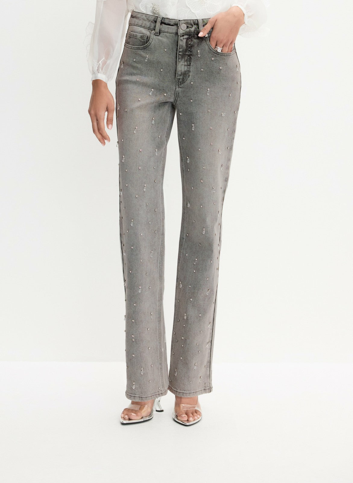Women Stone Drop Embellished Straight-Leg Jeans Dark Grey | Melanie Lyne