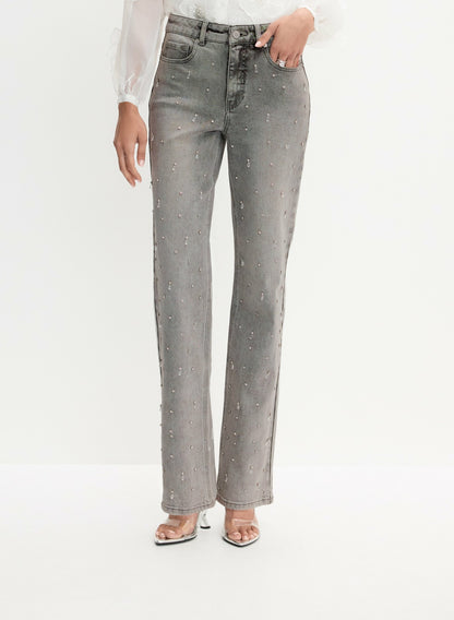Women Stone Drop Embellished Straight-Leg Jeans Dark Grey | Melanie Lyne