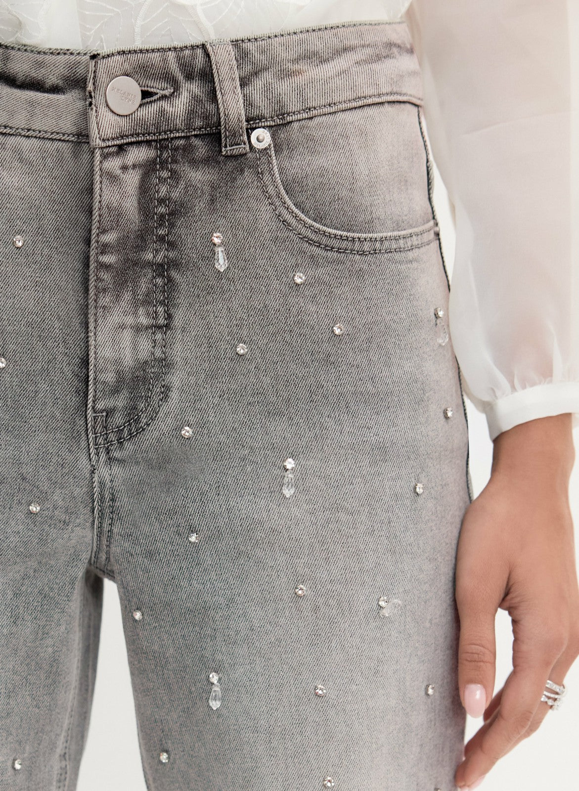 Women Stone Drop Embellished Straight-Leg Jeans Dark Grey | Melanie Lyne