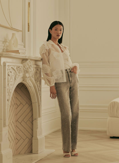 Women Stone Drop Embellished Straight-Leg Jeans Dark Grey | Melanie Lyne