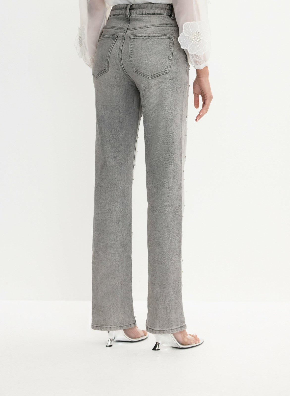 Women Stone Drop Embellished Straight-Leg Jeans Dark Grey | Melanie Lyne