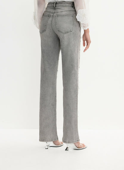 Women Stone Drop Embellished Straight-Leg Jeans Dark Grey | Melanie Lyne