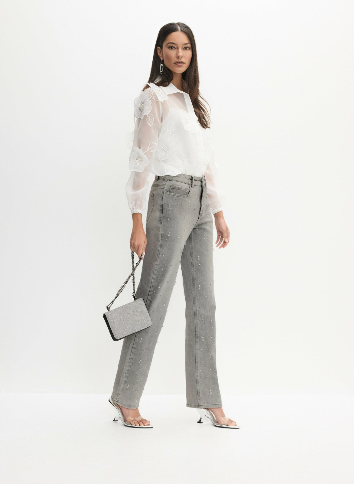 Women Stone Drop Embellished Straight-Leg Jeans Dark Grey | Melanie Lyne