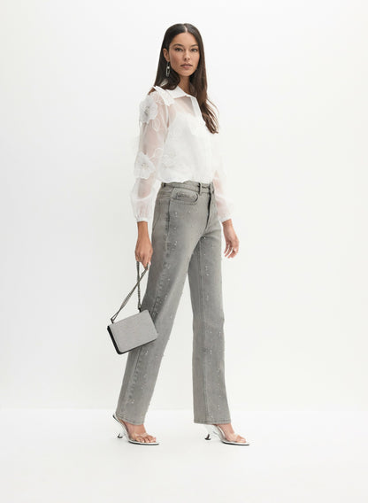Women Stone Drop Embellished Straight-Leg Jeans Dark Grey | Melanie Lyne