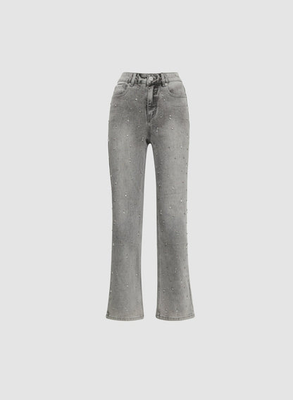 Women Stone Drop Embellished Straight-Leg Jeans Dark Grey | Melanie Lyne
