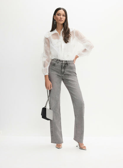 Women Stone Drop Embellished Straight-Leg Jeans Dark Grey | Melanie Lyne