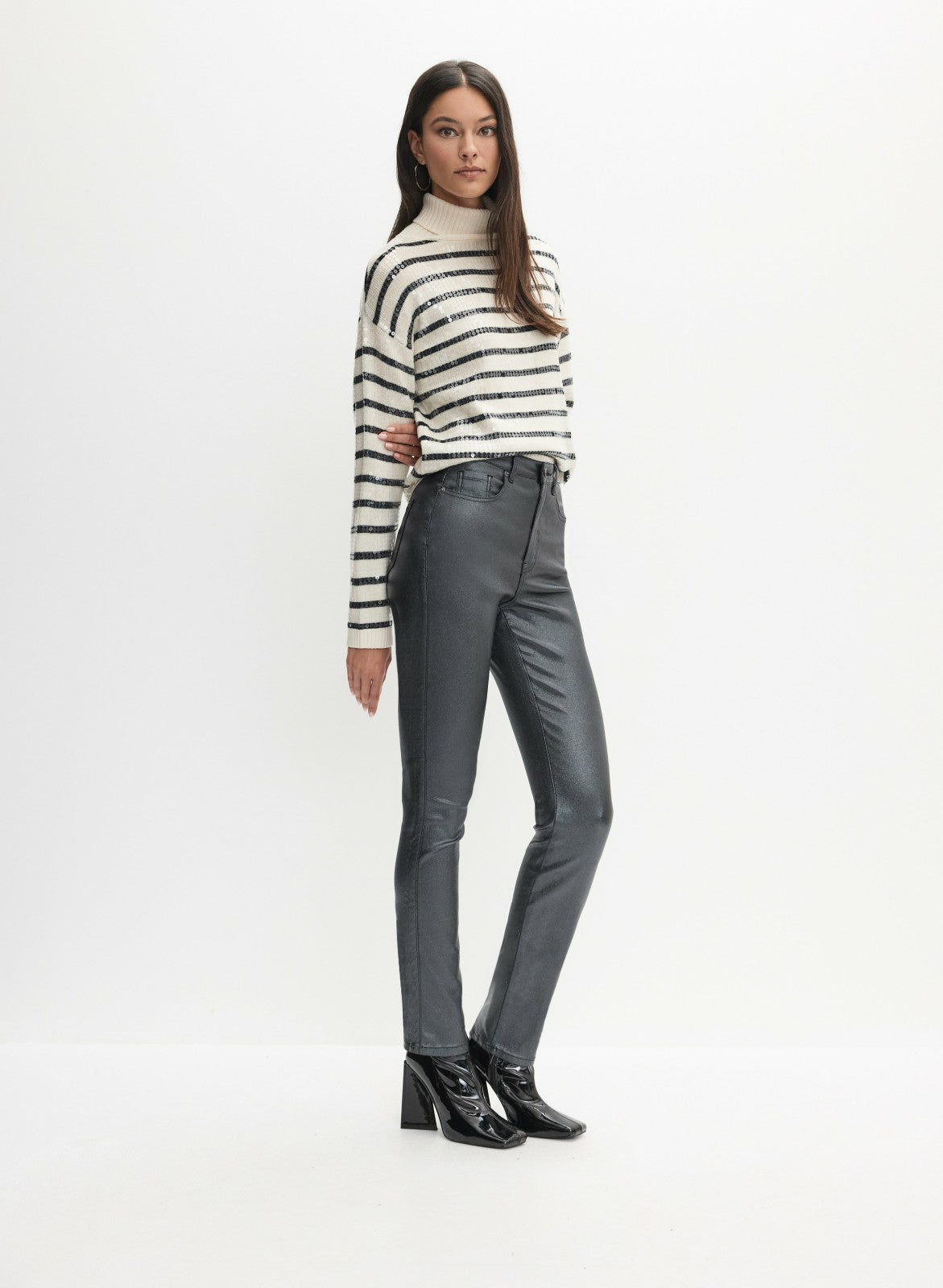 Women Coated Metallic Slim-Leg Jeans Black | Melanie Lyne