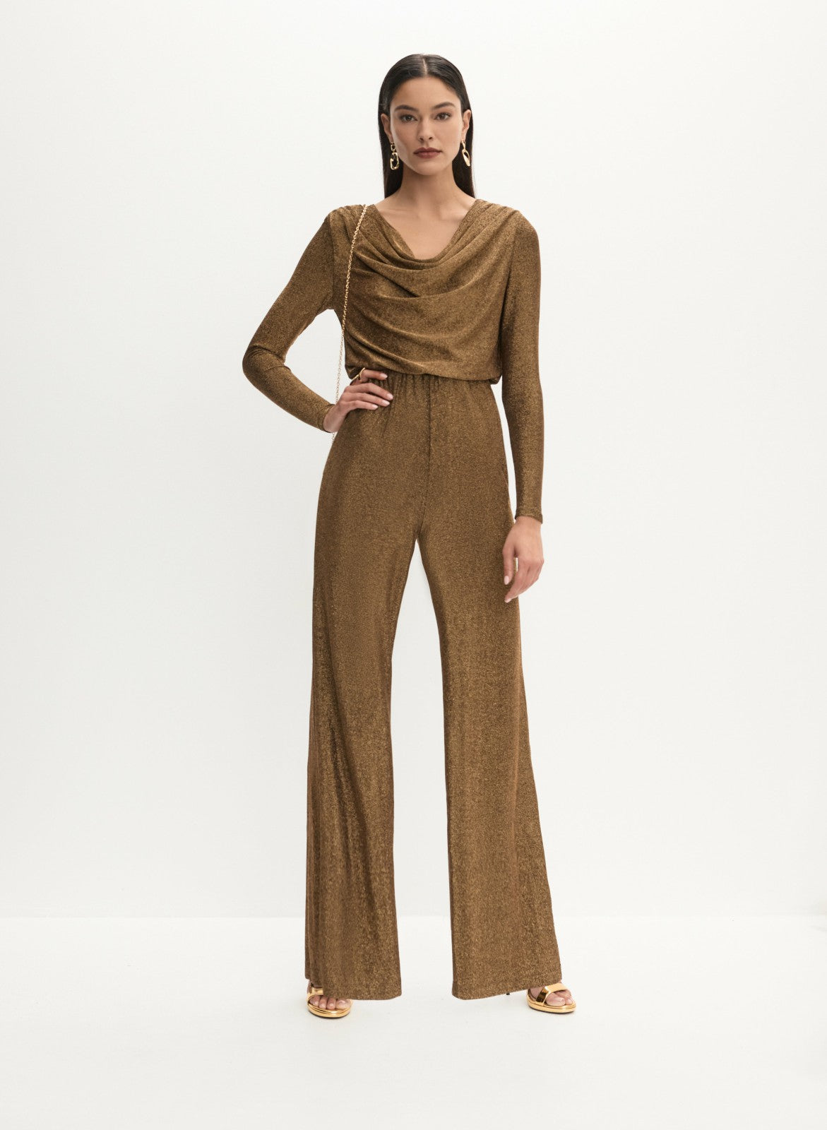 Women Glitter Knit Cowl Neck Jumpsuit Metallic Bronze | Melanie Lyne
