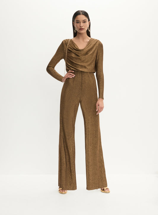 Women Glitter Knit Cowl Neck Jumpsuit Metallic Bronze | Melanie Lyne