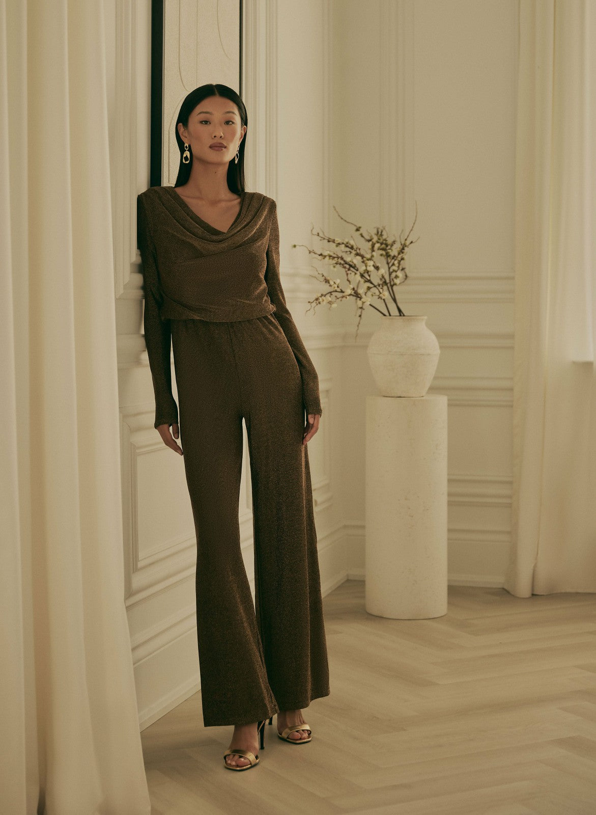 Women Glitter Knit Cowl Neck Jumpsuit Metallic Bronze | Melanie Lyne