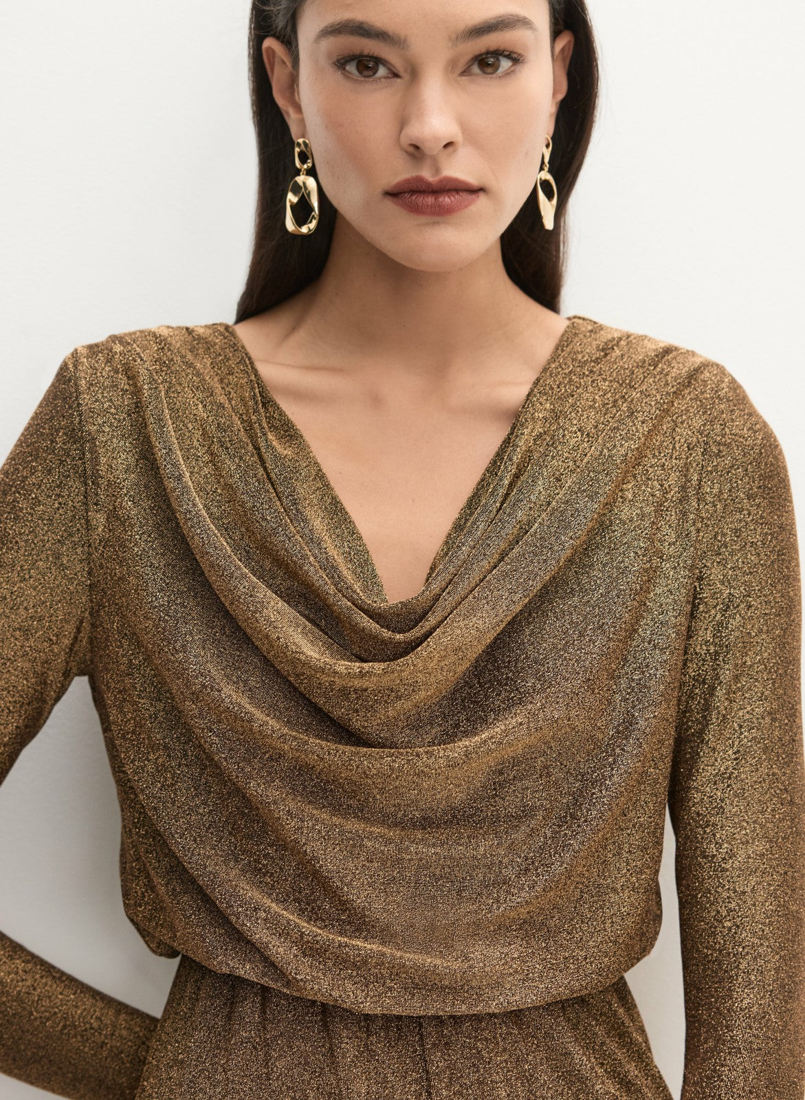 Women Glitter Knit Cowl Neck Jumpsuit Metallic Bronze | Melanie Lyne