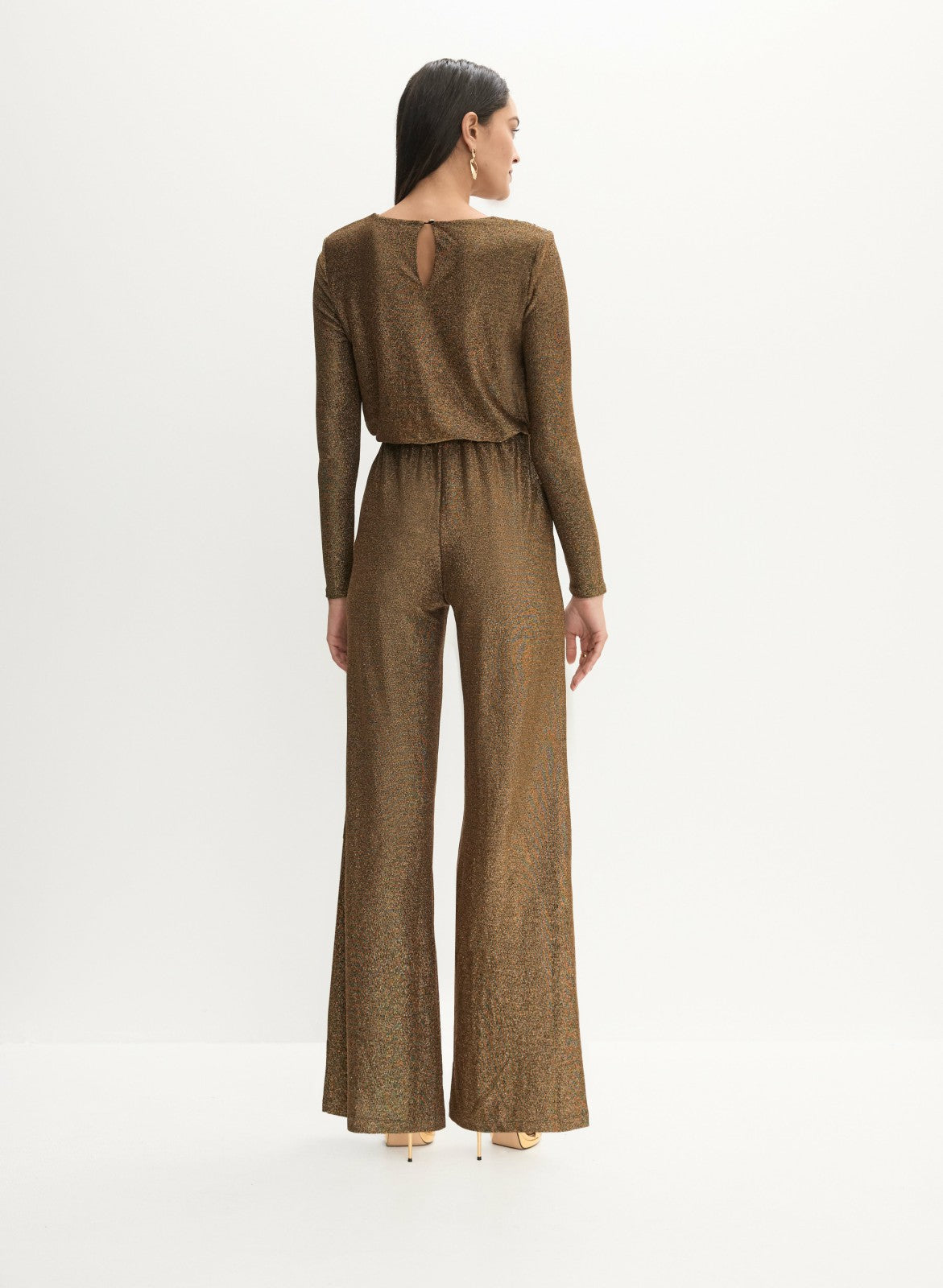 Women Glitter Knit Cowl Neck Jumpsuit Metallic Bronze | Melanie Lyne