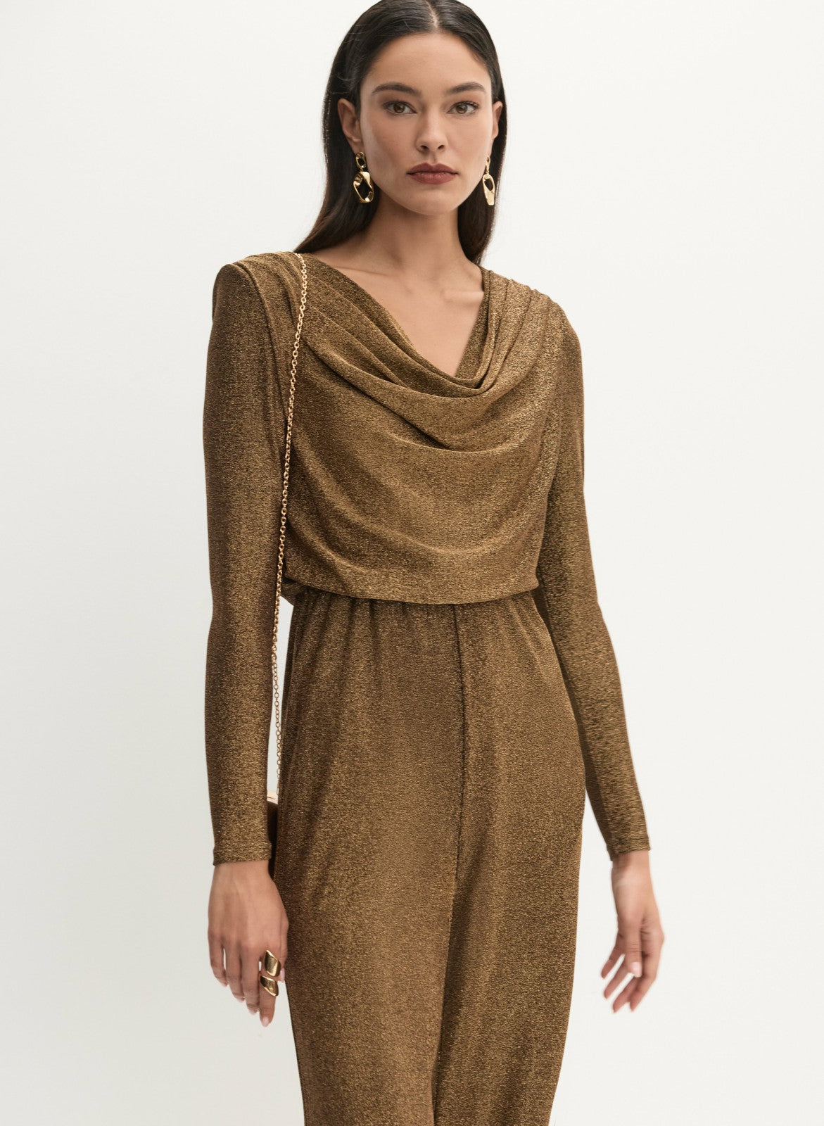 Women Glitter Knit Cowl Neck Jumpsuit Metallic Bronze | Melanie Lyne
