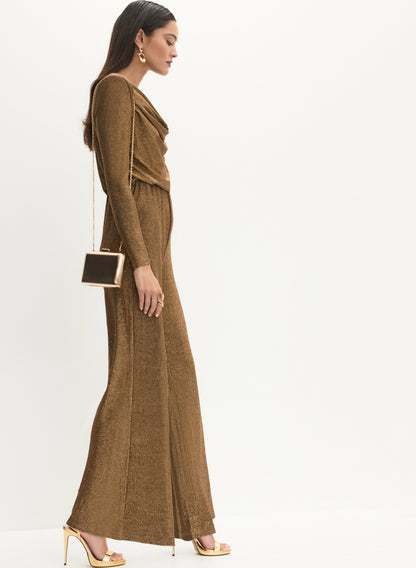 Women Glitter Knit Cowl Neck Jumpsuit Metallic Bronze | Melanie Lyne