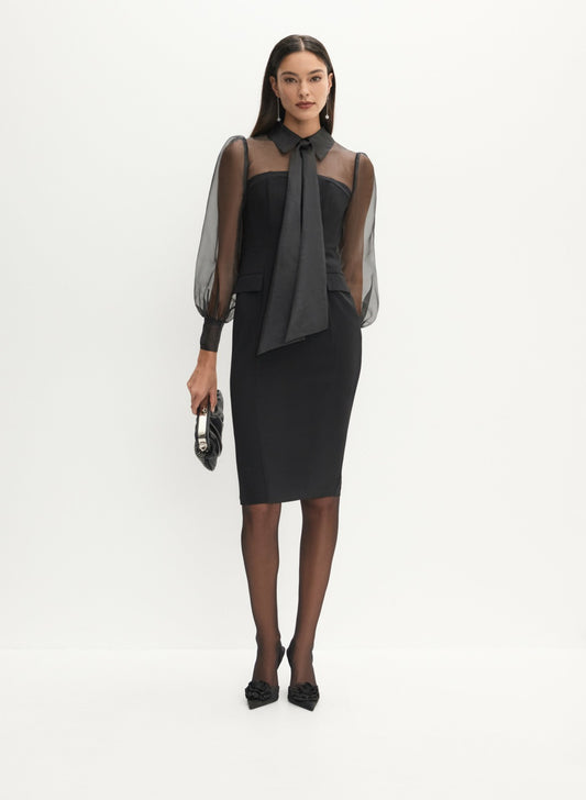Women Tie-Neck Illusion Dress Black | Melanie Lyne