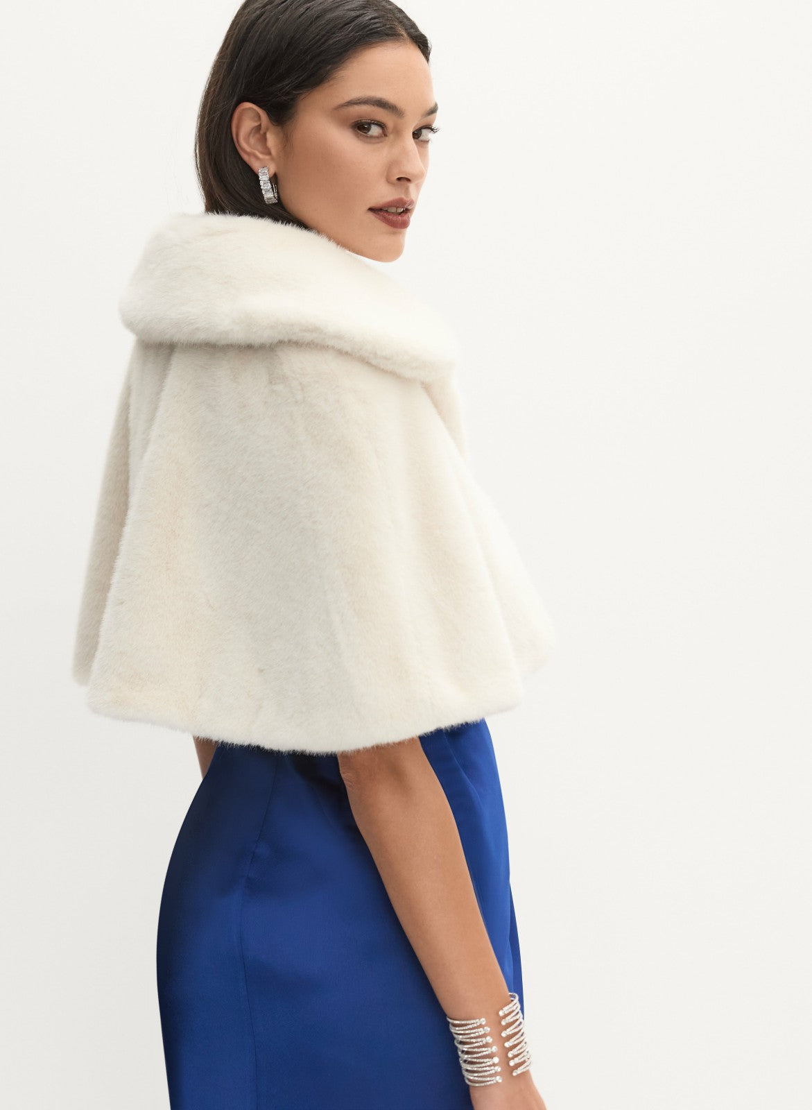 Women Embellished Faux Fur Cape Ecru White | Melanie Lyne