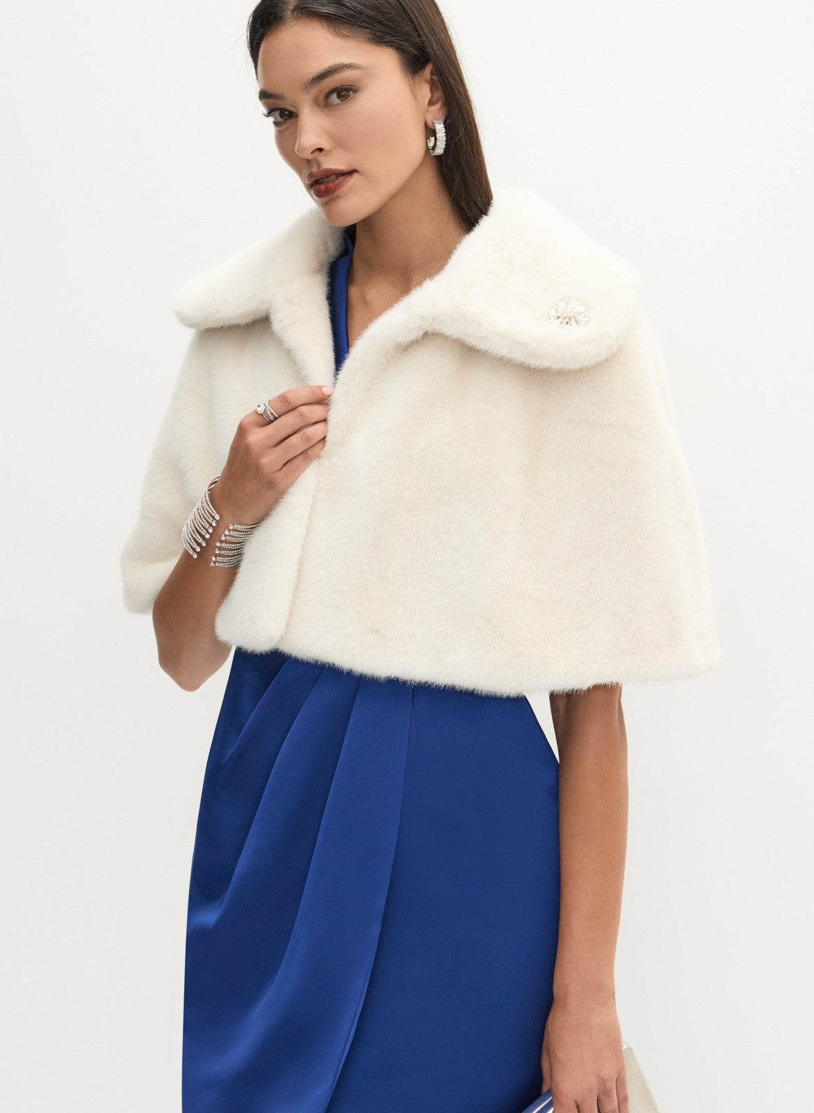 Women Embellished Faux Fur Cape Ecru White | Melanie Lyne