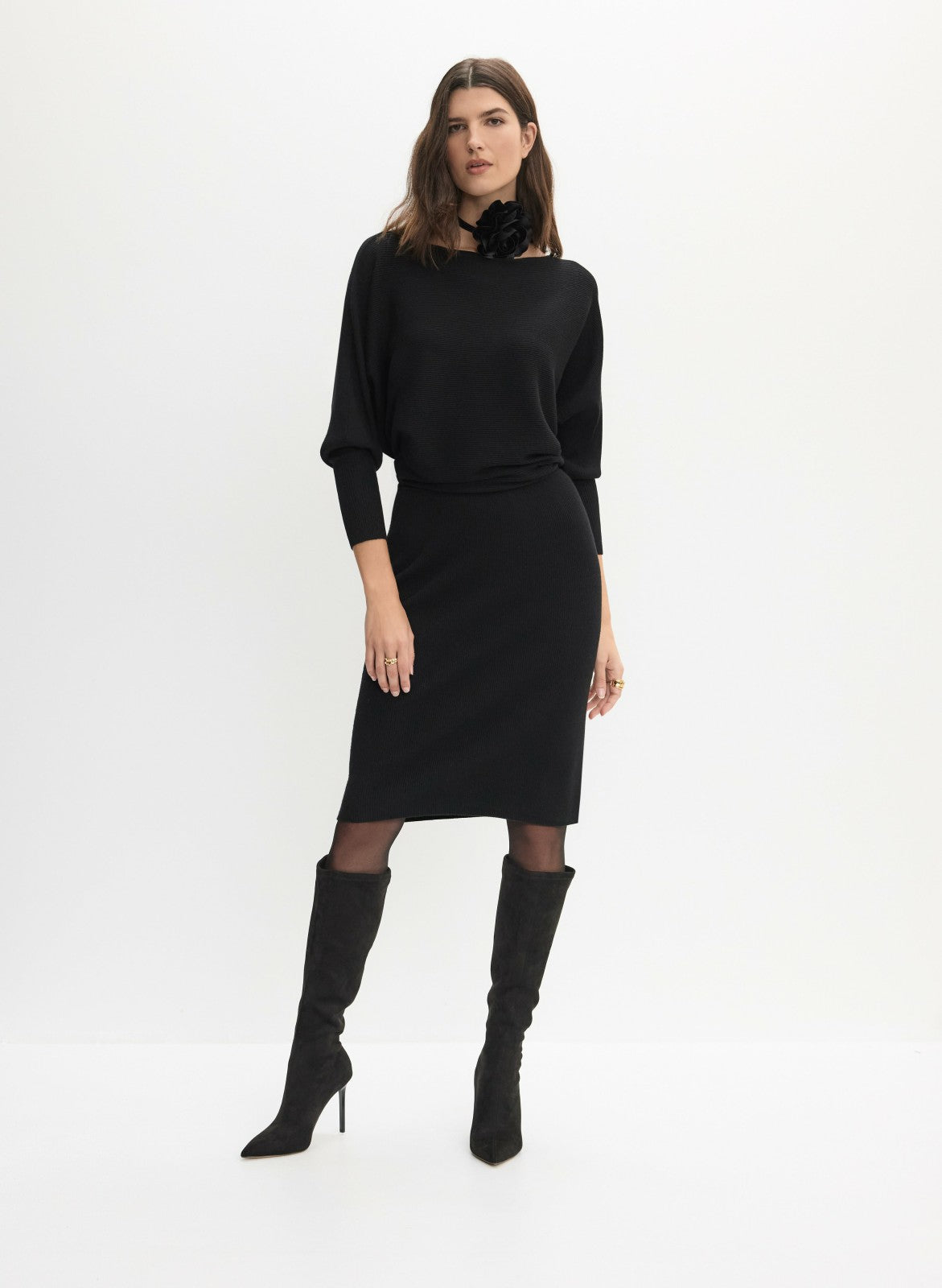 Women Dolman Sleeve Sweater Dress Black | Melanie Lyne