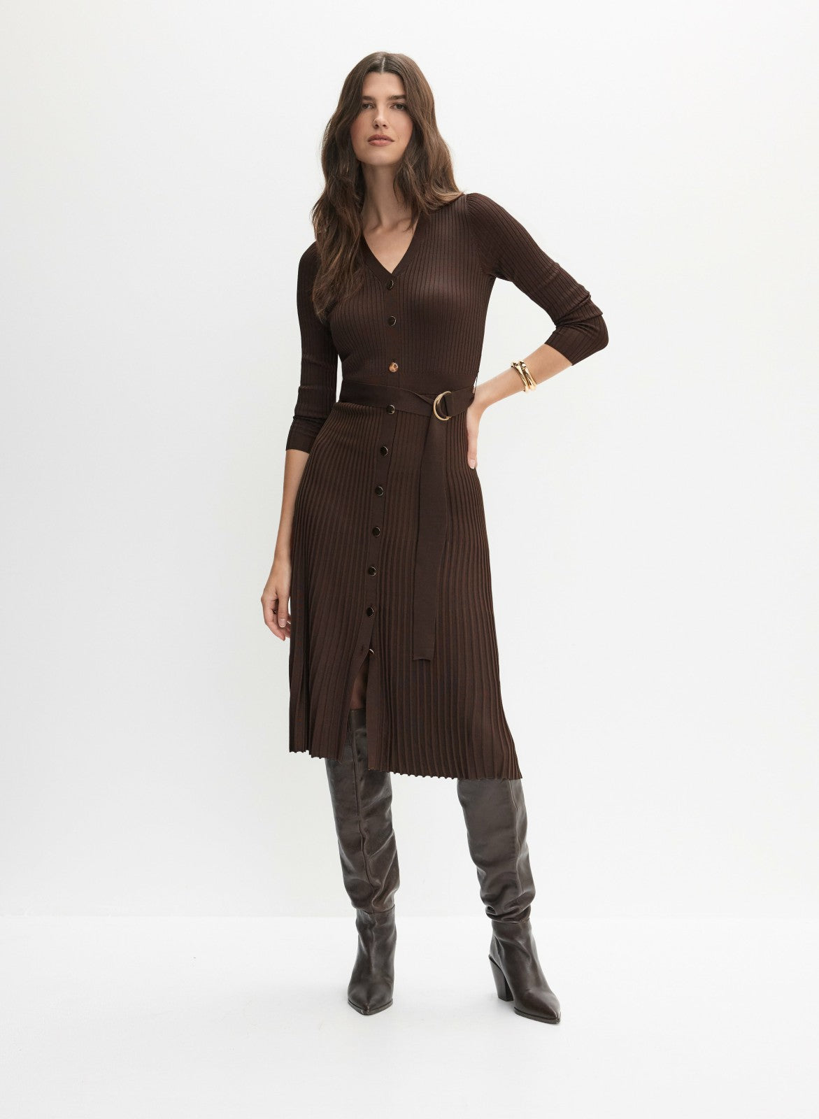 Women Ribbed Knit Plissé Hem Dress Espresso | Melanie Lyne