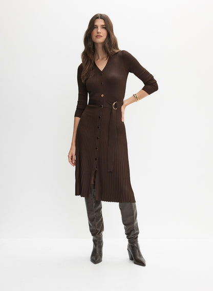 Women Ribbed Knit Plissé Hem Dress Espresso | Melanie Lyne
