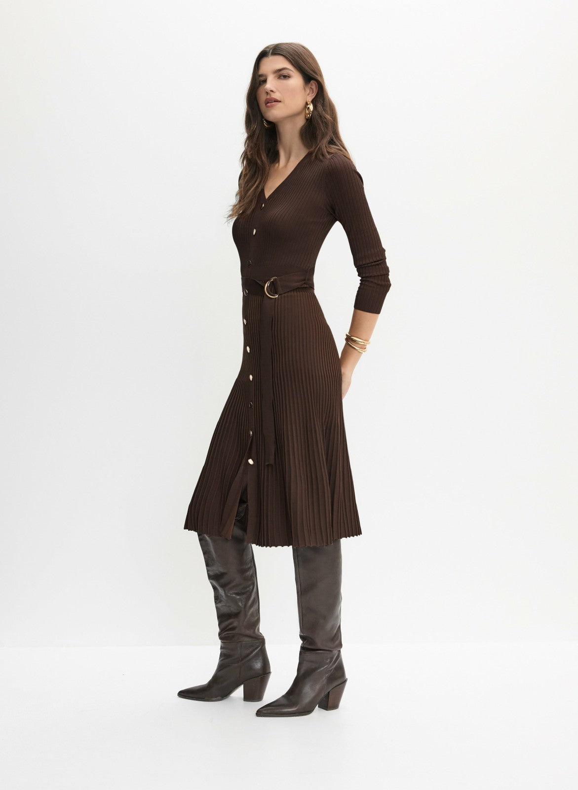 Women Ribbed Knit Plissé Hem Dress Espresso | Melanie Lyne