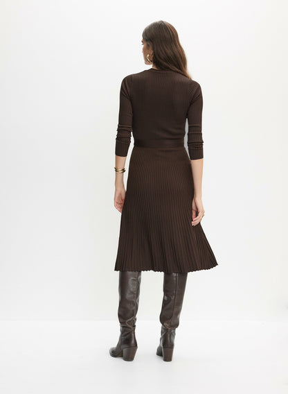 Women Ribbed Knit Plissé Hem Dress Espresso | Melanie Lyne