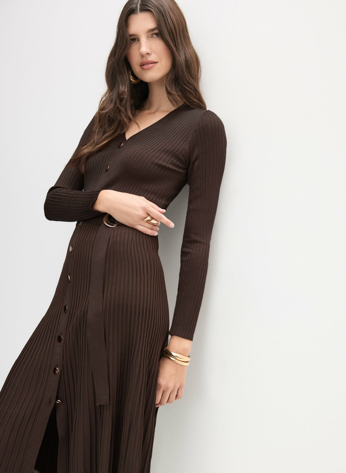 Women Ribbed Knit Plissé Hem Dress Espresso | Melanie Lyne