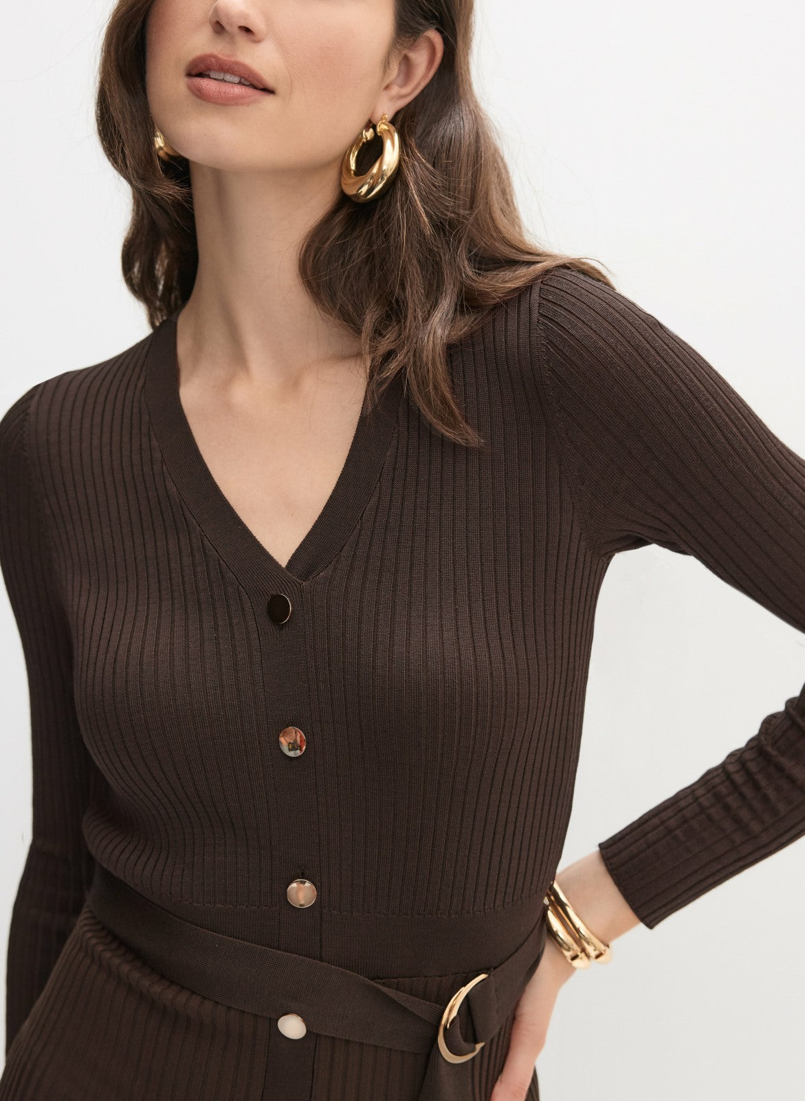 Women Ribbed Knit Plissé Hem Dress Espresso | Melanie Lyne
