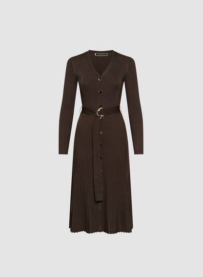 Women Ribbed Knit Plissé Hem Dress Espresso | Melanie Lyne