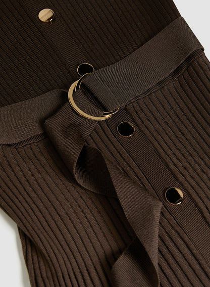 Women Ribbed Knit Plissé Hem Dress Espresso | Melanie Lyne