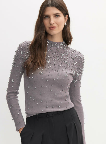 Women Pearl Embellished Sweater Silver Onyx | Melanie Lyne