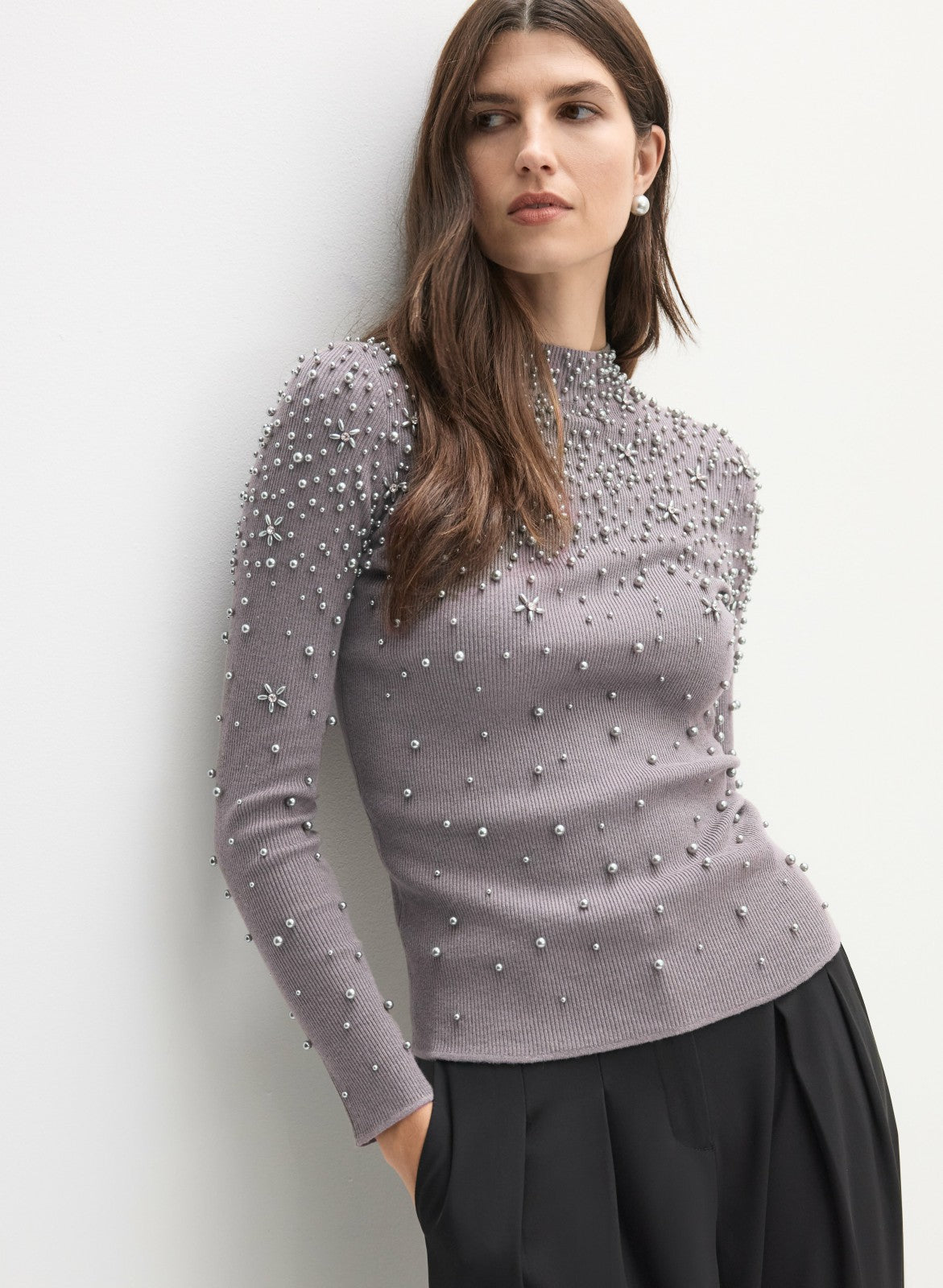 Women Pearl Embellished Sweater Silver Onyx | Melanie Lyne