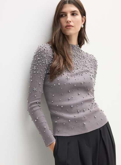 Women Pearl Embellished Sweater Silver Onyx | Melanie Lyne