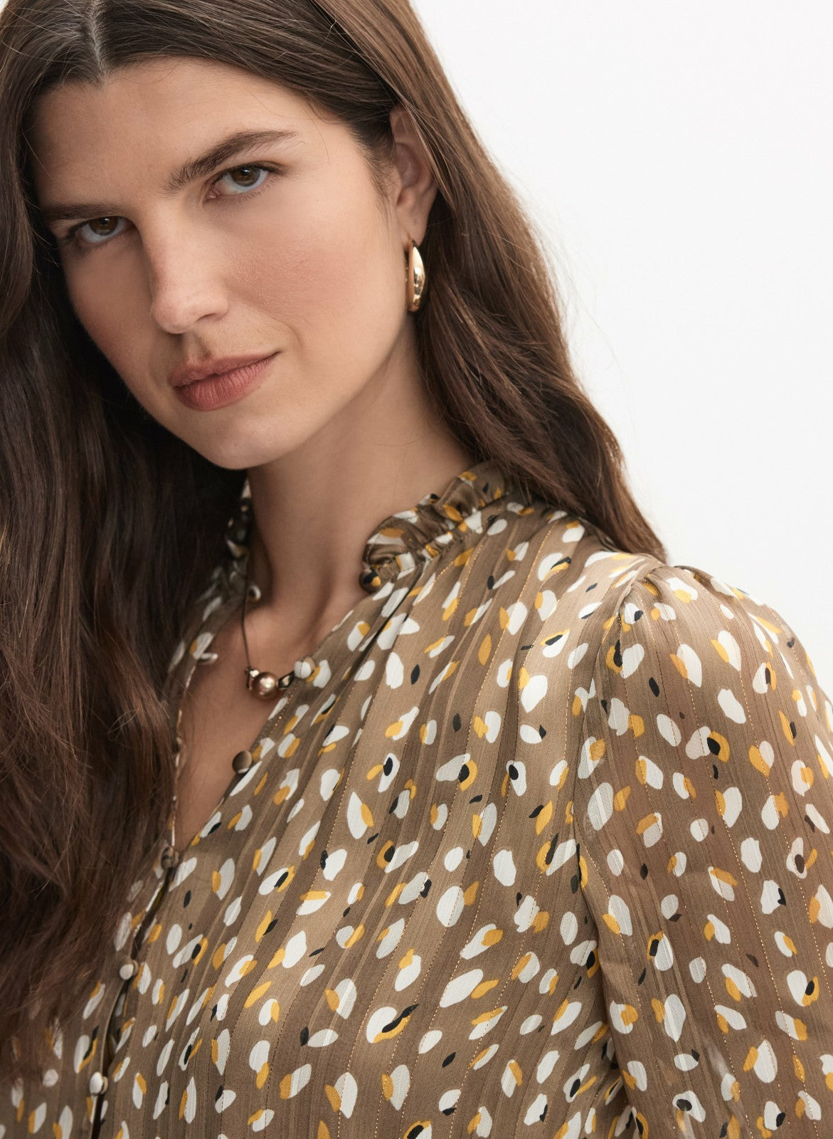 Women Abstract Frilled Neck Blouse Green Pattern | Melanie Lyne