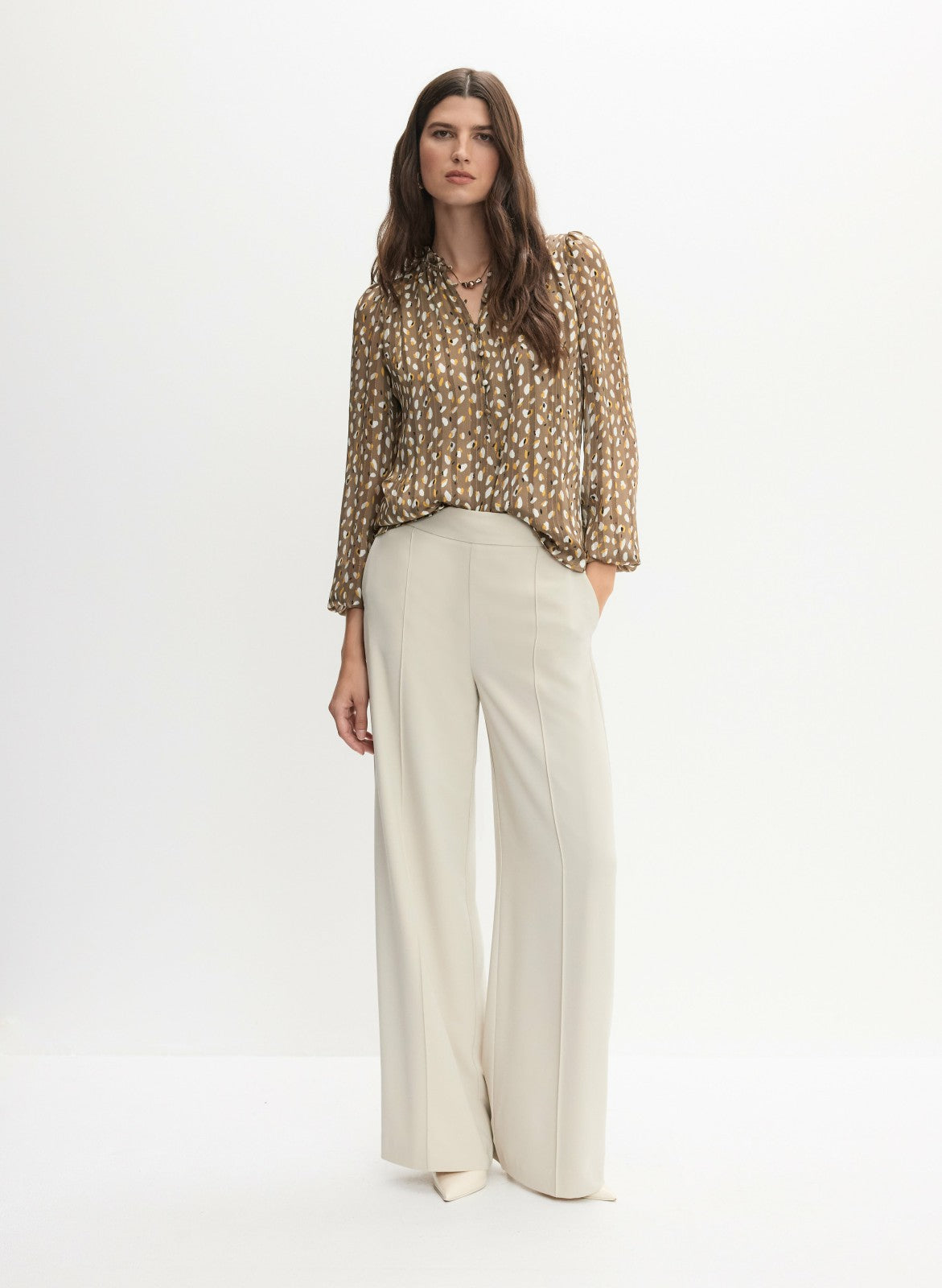 Women Abstract Frilled Neck Blouse Green Pattern | Melanie Lyne
