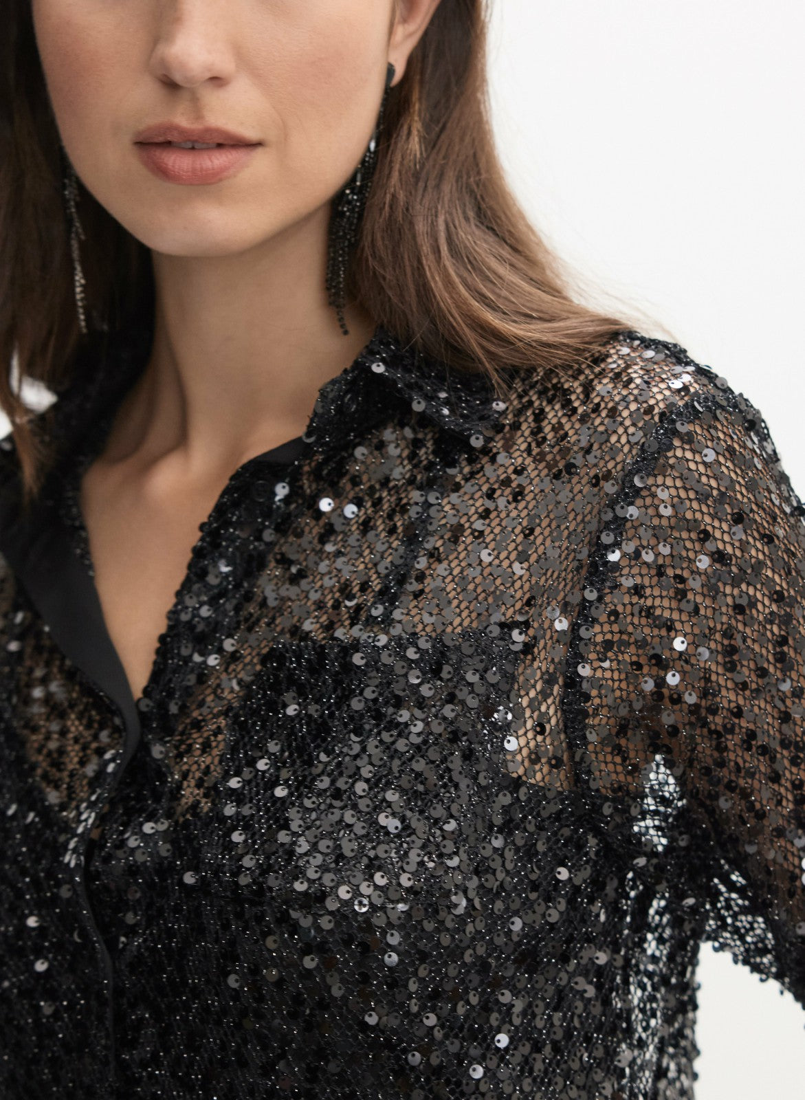 Women Sequined Button-Down Top Black | Melanie Lyne