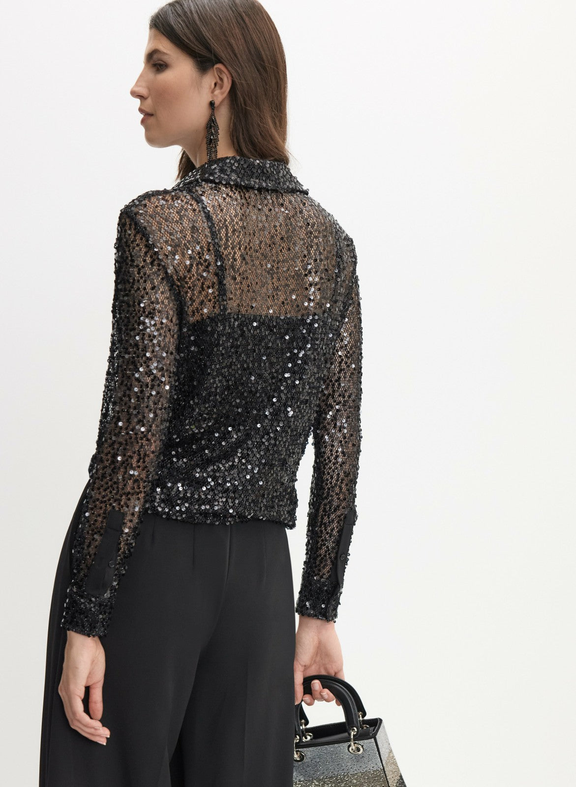 Women Sequined Button-Down Top Black | Melanie Lyne