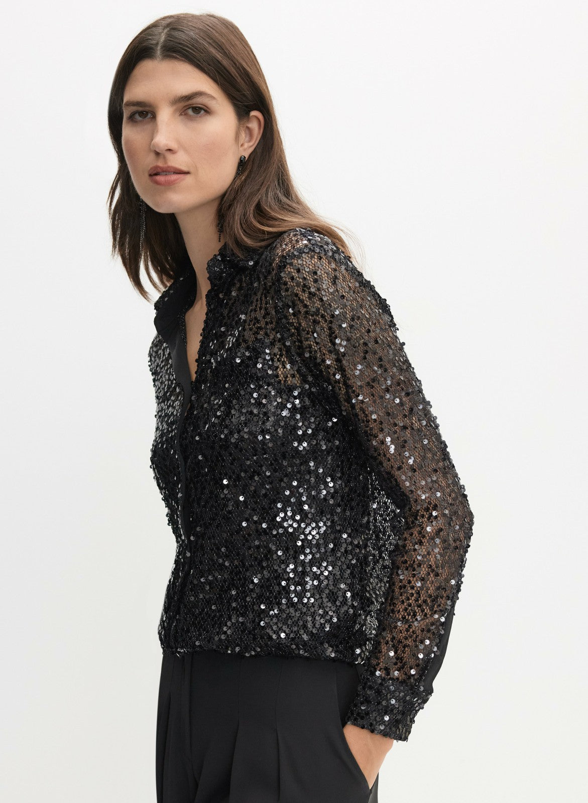 Women Sequined Button-Down Top Black | Melanie Lyne