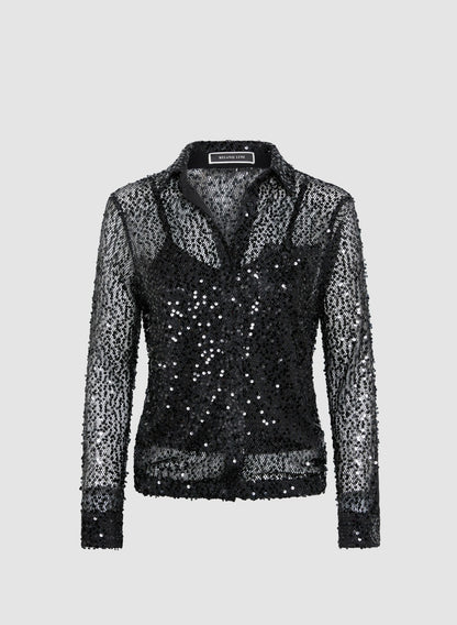 Women Sequined Button-Down Top Black | Melanie Lyne