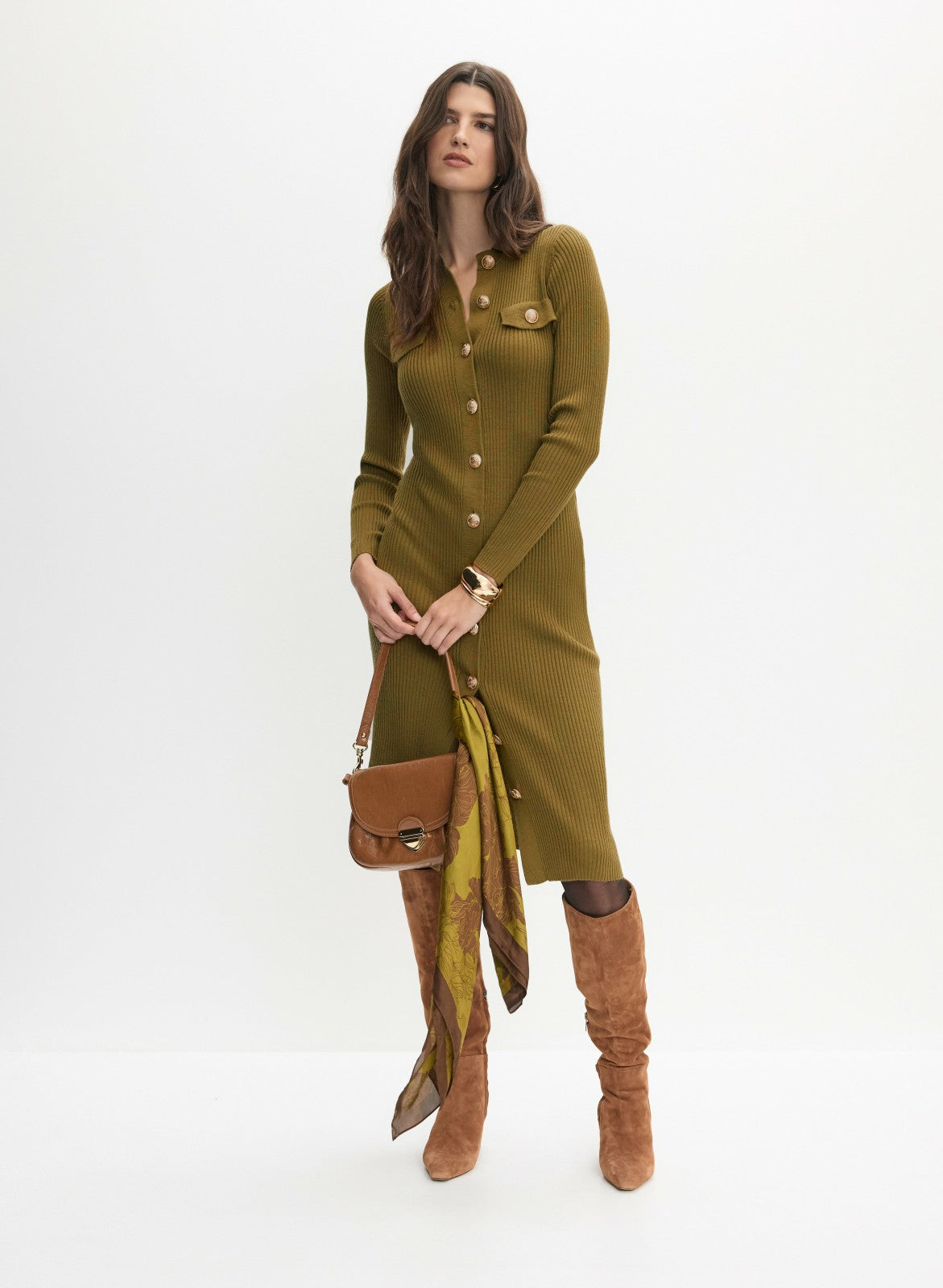 Women Ribbed Knit Button-Down Dress Aloe | Melanie Lyne