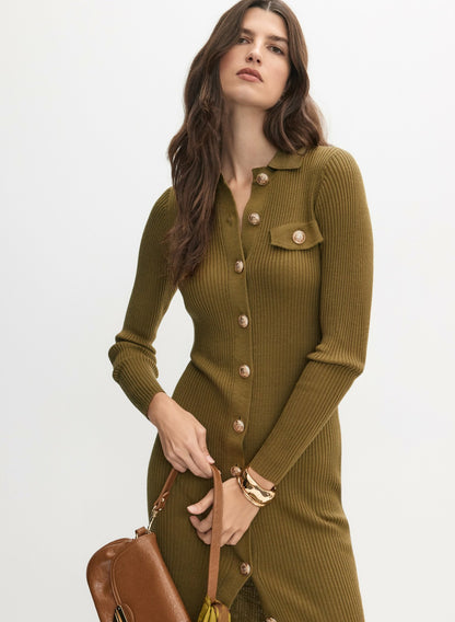 Women Ribbed Knit Button-Down Dress Aloe | Melanie Lyne