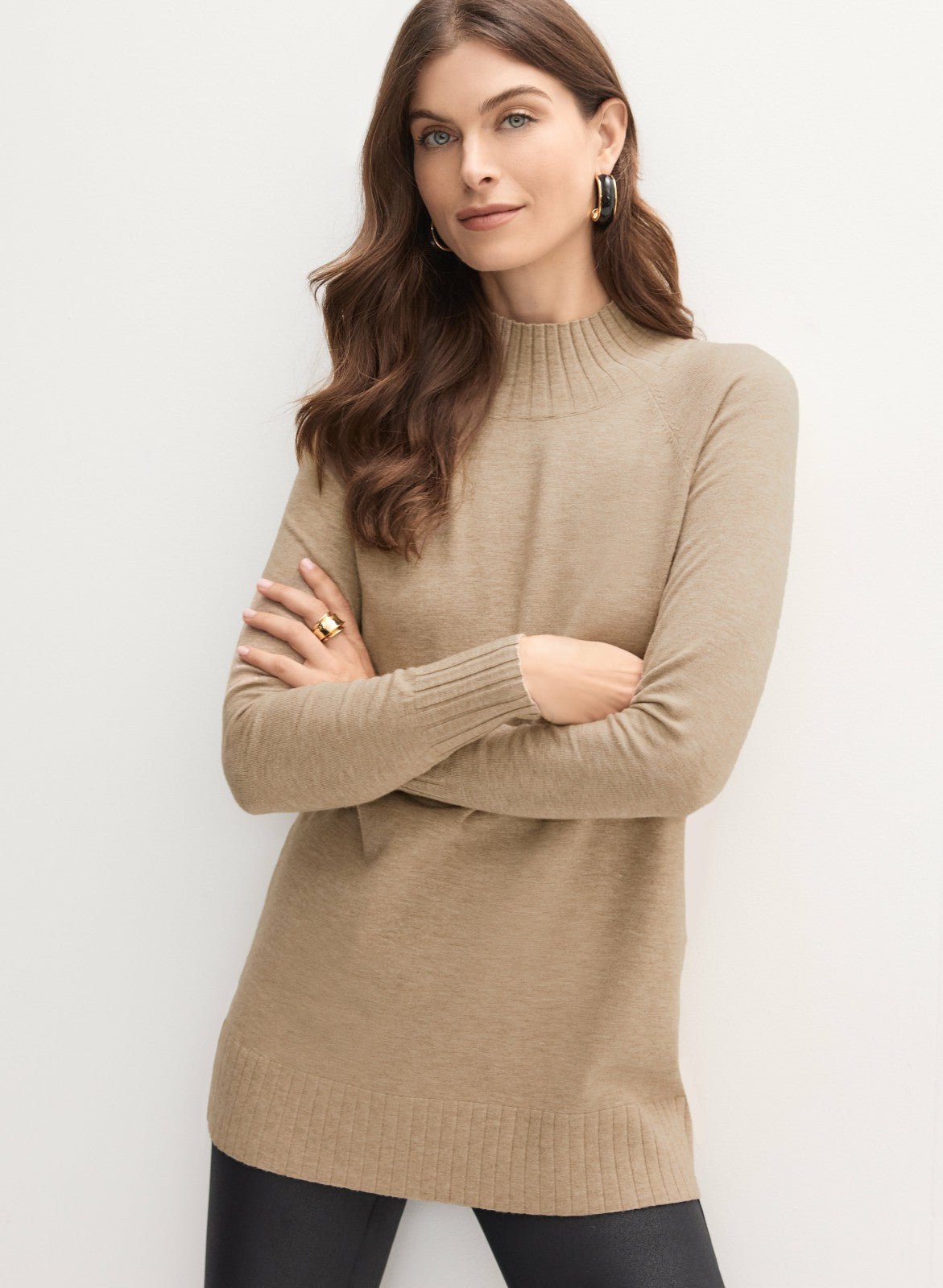 Women Mock Neck Rib Knit Sweater Dark Oatmeal | Melanie Lyne