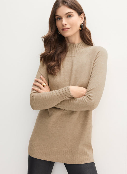 Women Mock Neck Rib Knit Sweater Dark Oatmeal | Melanie Lyne
