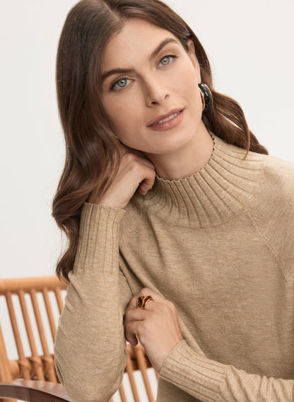 Women Mock Neck Rib Knit Sweater Dark Oatmeal | Melanie Lyne