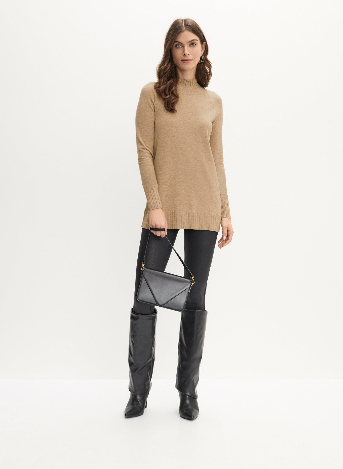 Women Mock Neck Rib Knit Sweater Dark Oatmeal | Melanie Lyne